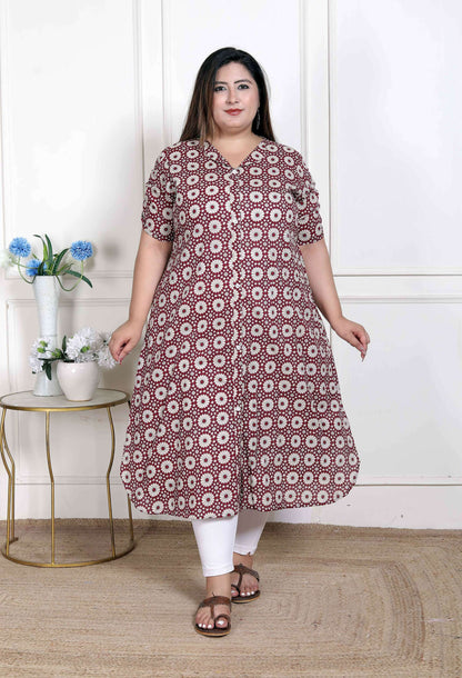Miravan Women's Plus Size Cotton Floral Printed Cream A-Line Kurta with Buttons