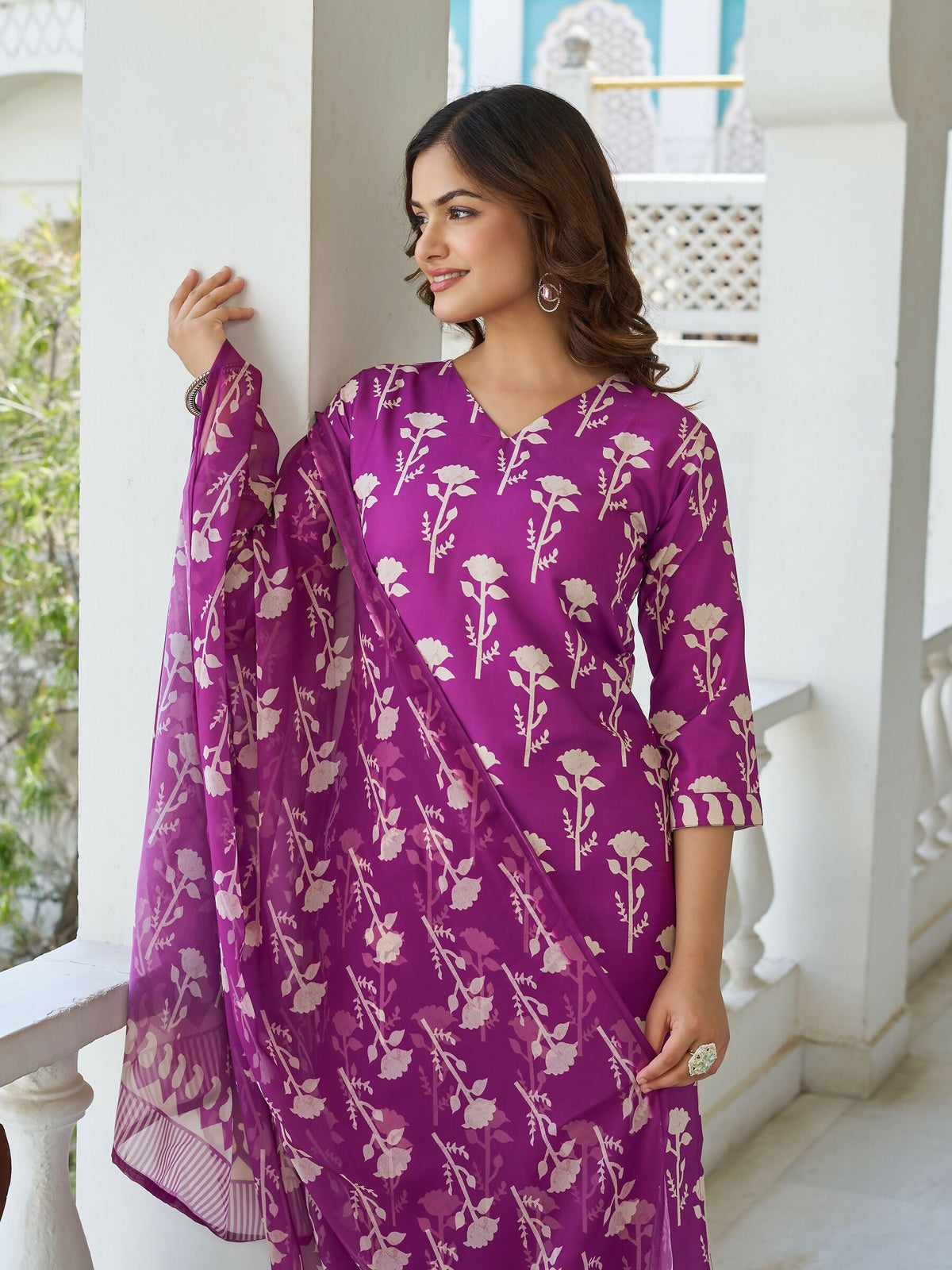 The52 Wine Women's Beautiful Cotton Blend Fabric Printed Work Straight Kurta, Pant and Dupatta Set