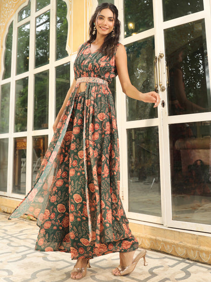 Janasya Green Georgette Floral Kurta & Bottom