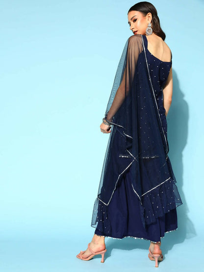 Ahalyaa Women Navy Blue Colour Crepe Foil Printed Kurta Sharara Set With Dupatta