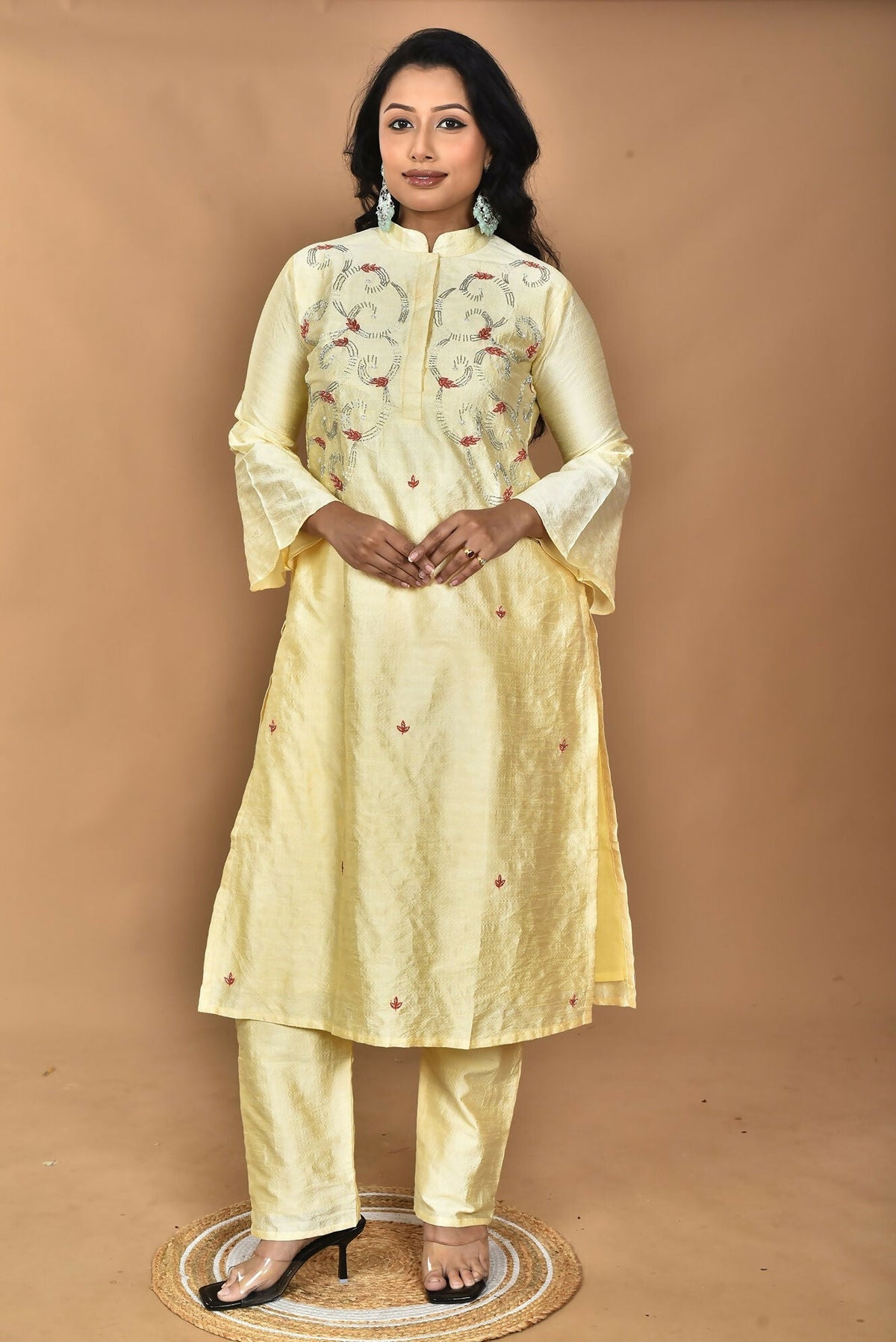 Morchari Women And Hand Embroidery Co-Ord Set-Lemon- Yellow