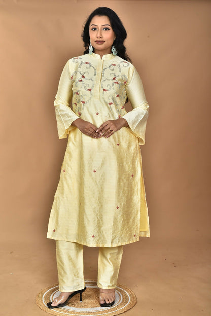 Morchari Women And Hand Embroidery Co-Ord Set-Lemon- Yellow