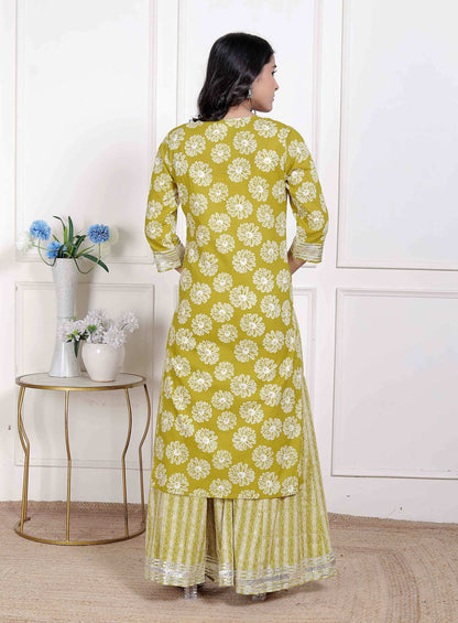 Miravan Women's Lime Yellow Embroidered Straight Kurta with Palazzo and Dupatta