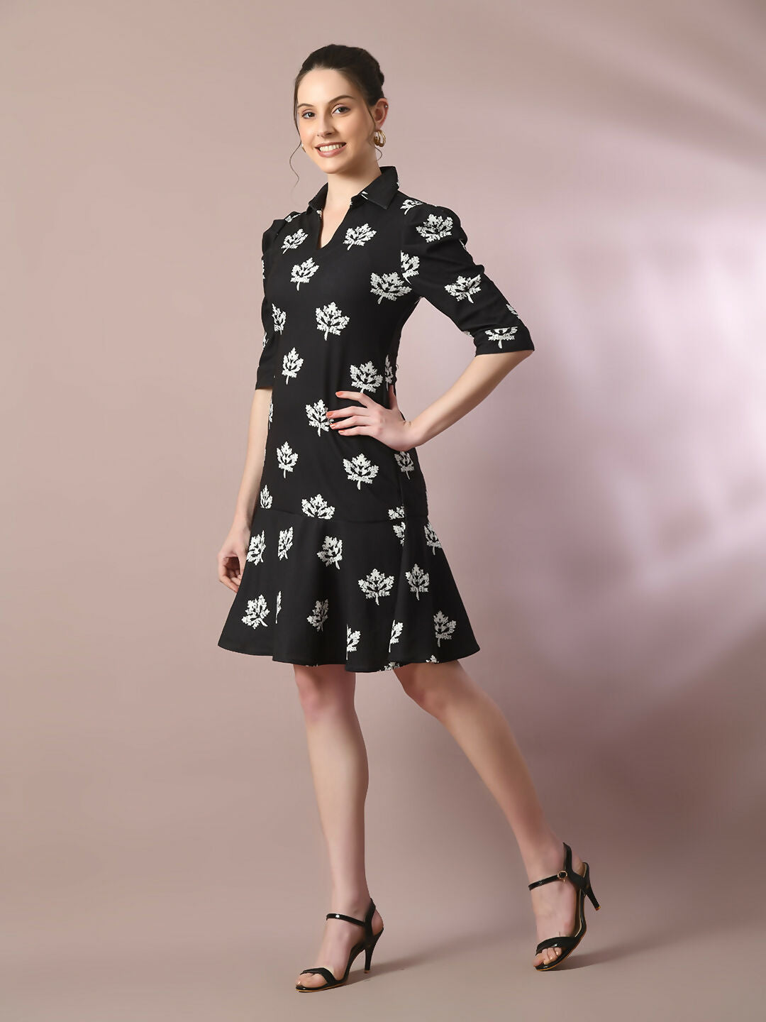Myshka Women's Black Printed Shirt Collar Fit and Flare Party Dress