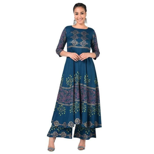Aniyah Rayon Floral Print Flared Kurta Blue (AN-160K)