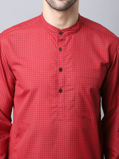 Even Apparels Maroon Cotton Checked Men's Kurta With Band Collar
