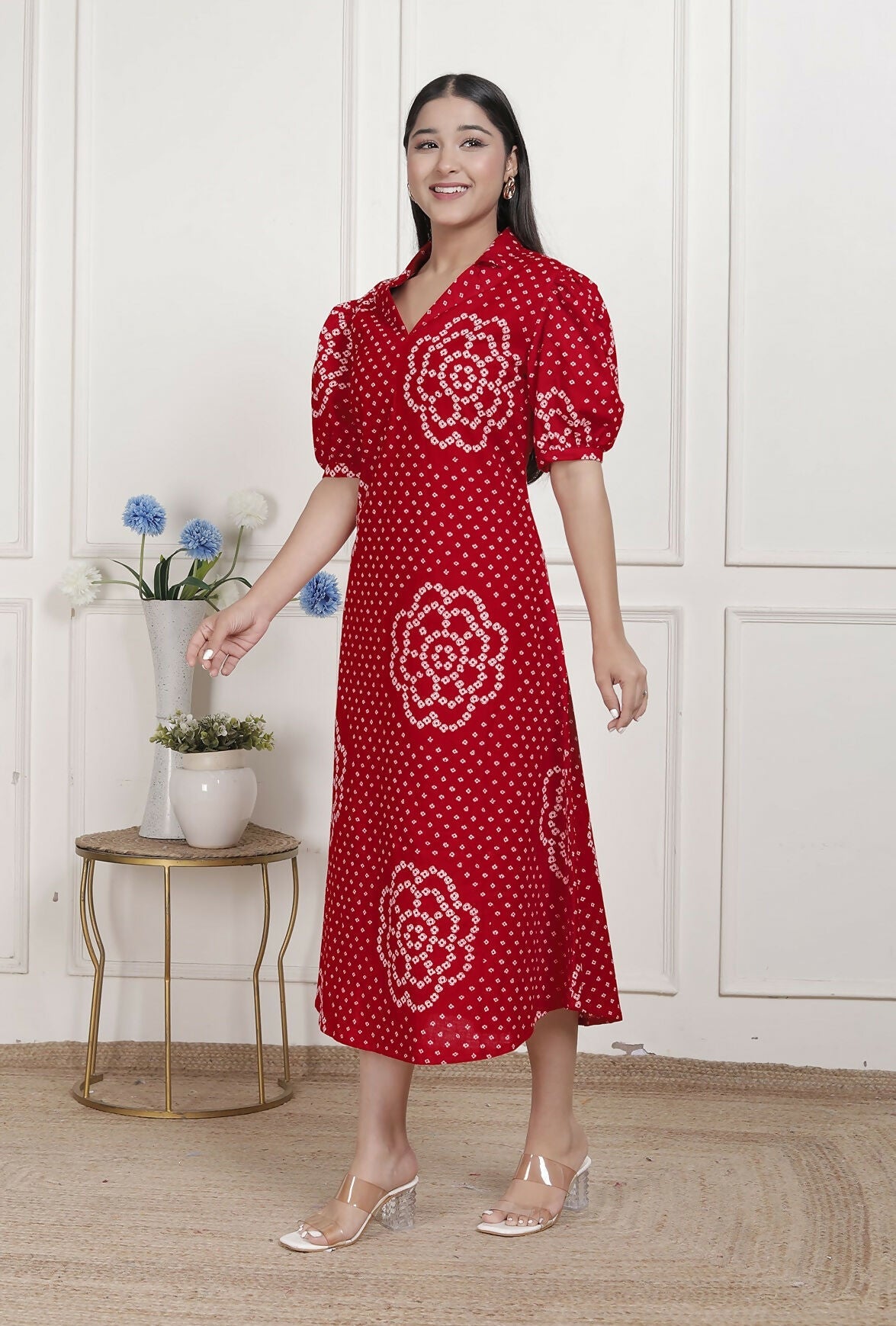 Miravan Womens Red Bandhani Printed Collar Neck Maxi Dress