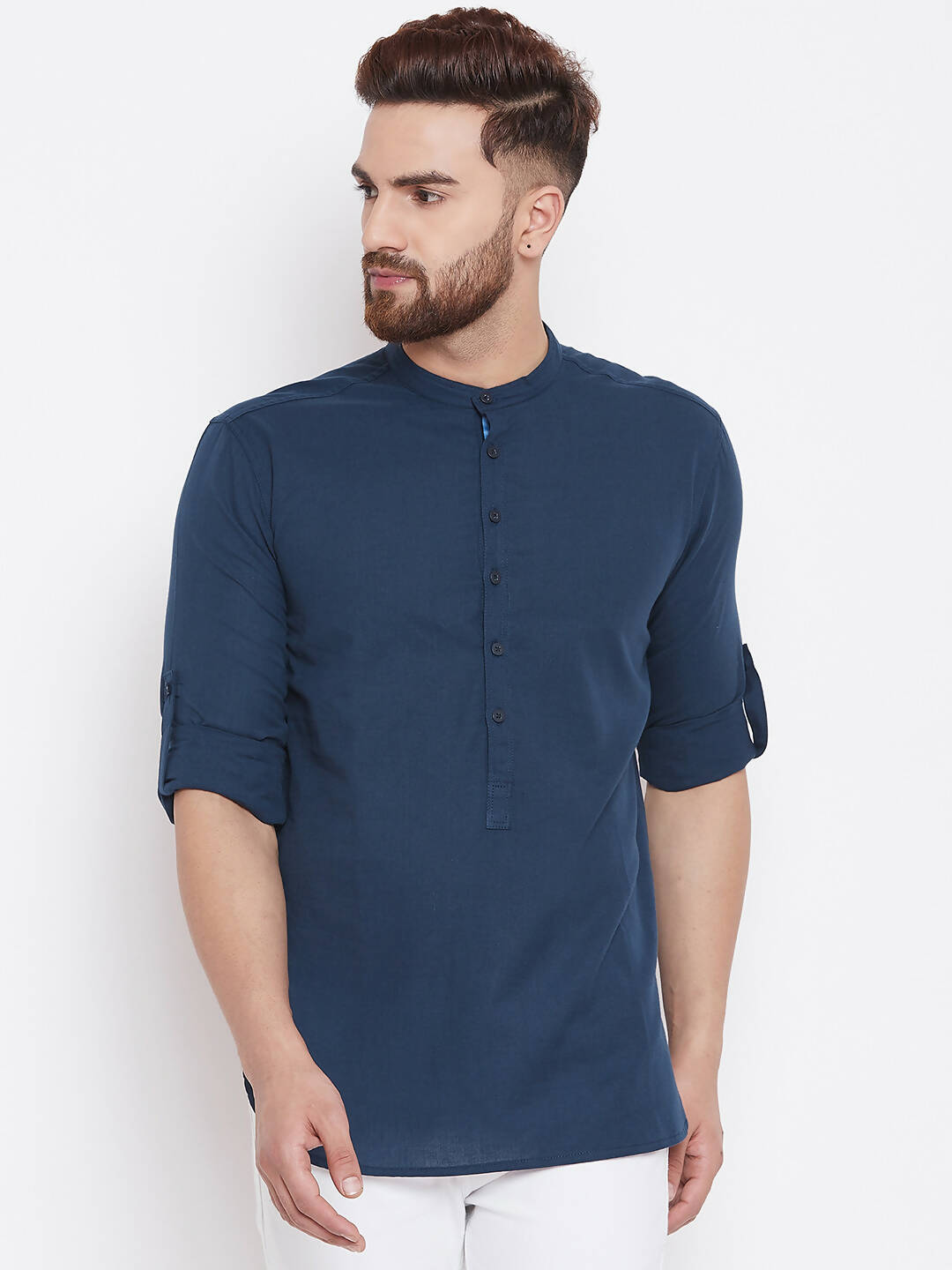Even Apparels Blue Color Men's Pure Cotton Kurta With Band Collar