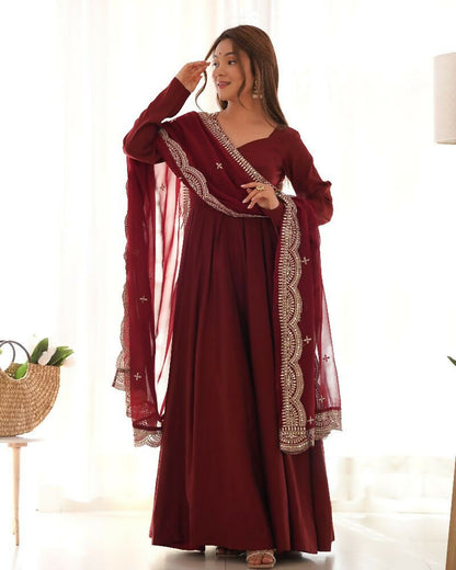 Joban Fashion Maroon Kurta Set Chanderi Sequence Embroidery Work