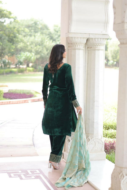 Vastranavya Green Velvet With Rich Sequins & Zari Embroidered Work Top-Bottom With Dupatta