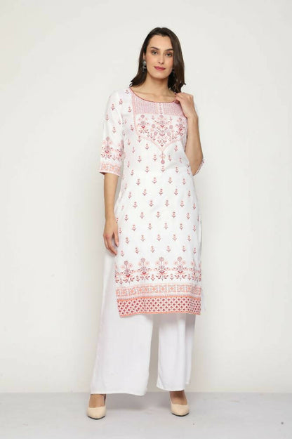 Maai Rayon Hand Printed Kurta Off-White