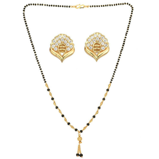 AanyaCentric Gold-Polished Short Mangalsutra Set with Earrings