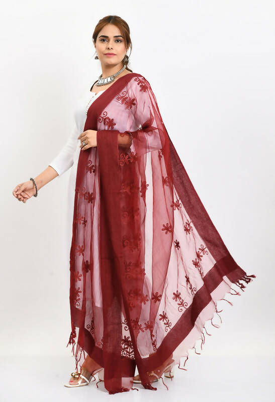 Mominos Fashion Moeza Women's Orgenza All Over Chikan Work Maroon Dupatta