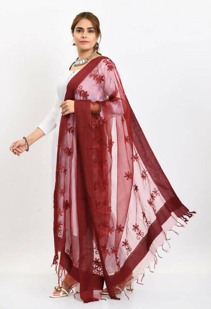 Mominos Fashion Moeza Women's Orgenza All Over Chikan Work Maroon Dupatta