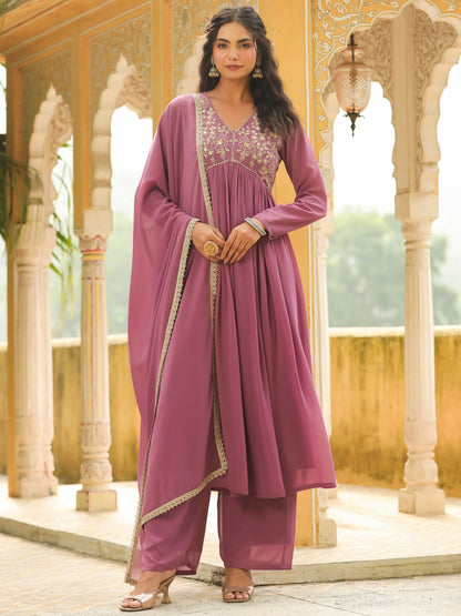 Janasya Lavender Georgette Yoke Embroidery Kurta,Bottom & Dupatta