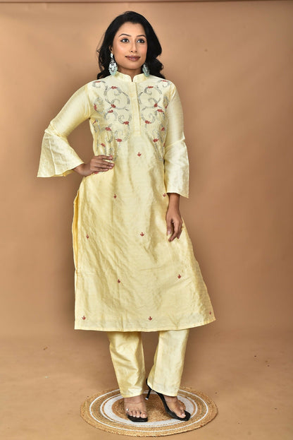 Morchari Women And Hand Embroidery Co-Ord Set-Lemon- Yellow