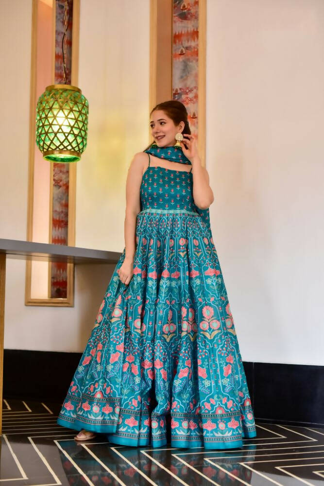 Partywear Designer Light Steel Blue Pure Maslin Gown - Anbazaar