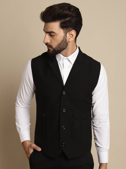 Even Apparels Men's Black Waistcoat with Notched Lapel