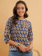 InWeave Women's Ink Blue Small Paisley Kalamkari Top