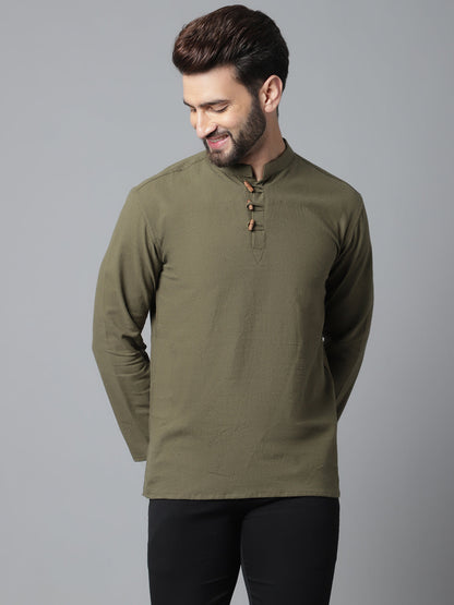 Indian Clothing Even Apparels Green Pure Cotton Kurta With Band Collar