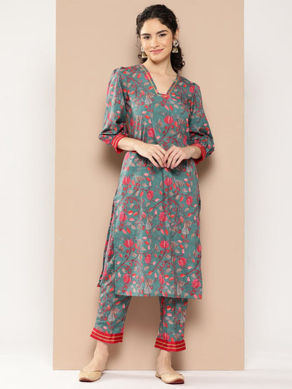 Ahalyaa Women Floral Printed Regular Gotta Patti Kurta with Trousers