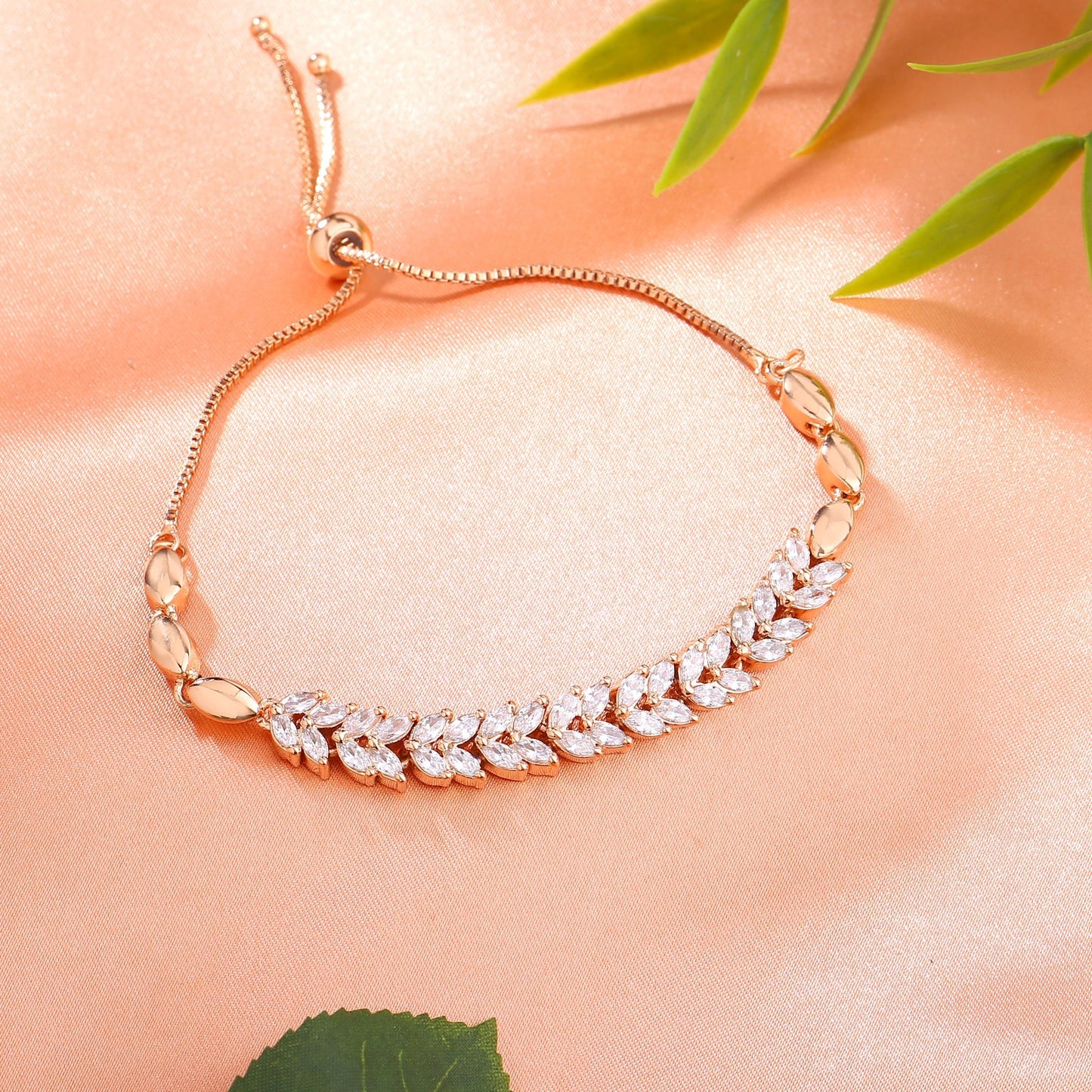 Estele Rose Gold-Polished CZ Leaf Designer Adjustable Charm Bracelet with White American Diamonds for Women