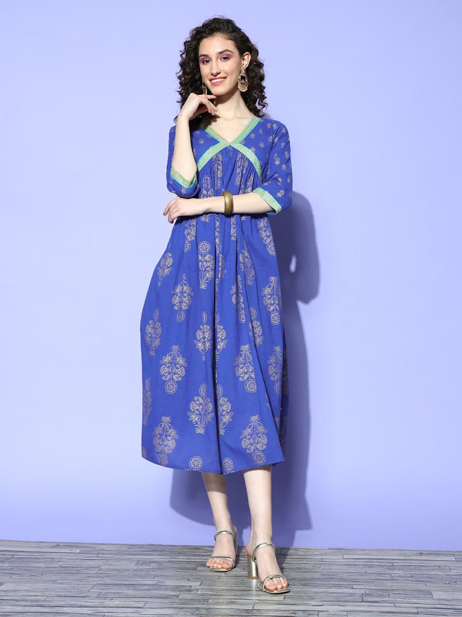Ahalyaa Blue Floral Print Midi Empire Ethnic Dress
