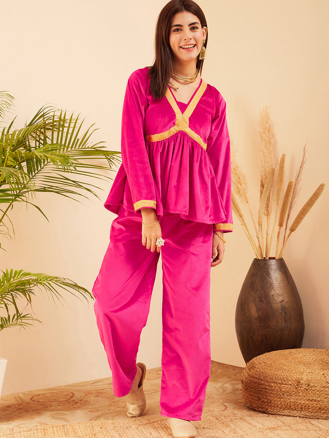 InWeave Women's Magenta Mughal Shaan Style Velvet Short Kurta Set