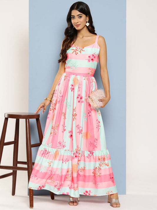 Ahalyaa Striped Floral Print Crepe Maxi Ethnic Dress