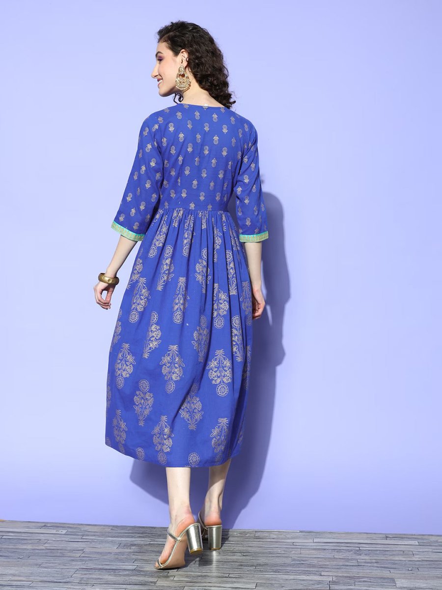 Ahalyaa Blue Floral Print Midi Empire Ethnic Dress