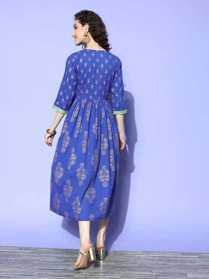 Ahalyaa Blue Floral Print Midi Empire Ethnic Dress