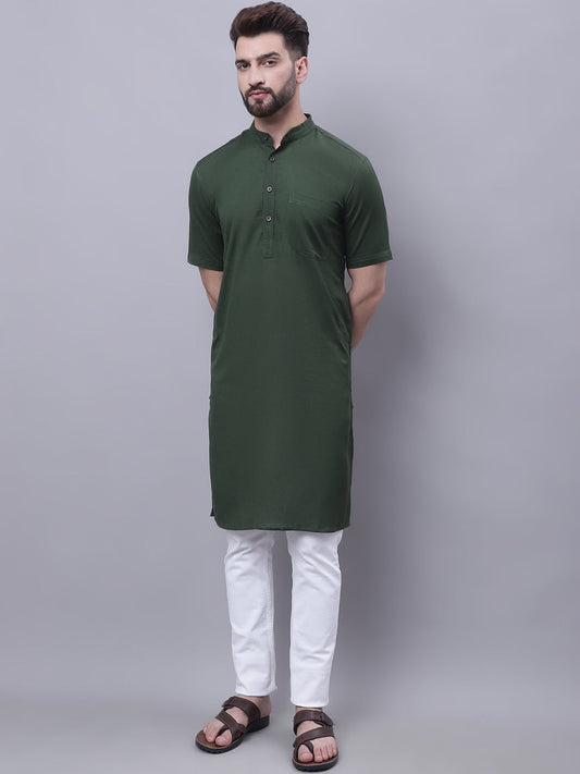 Even Apparels Green Pure Cotton Short Sleeves Kurta With Band Collar