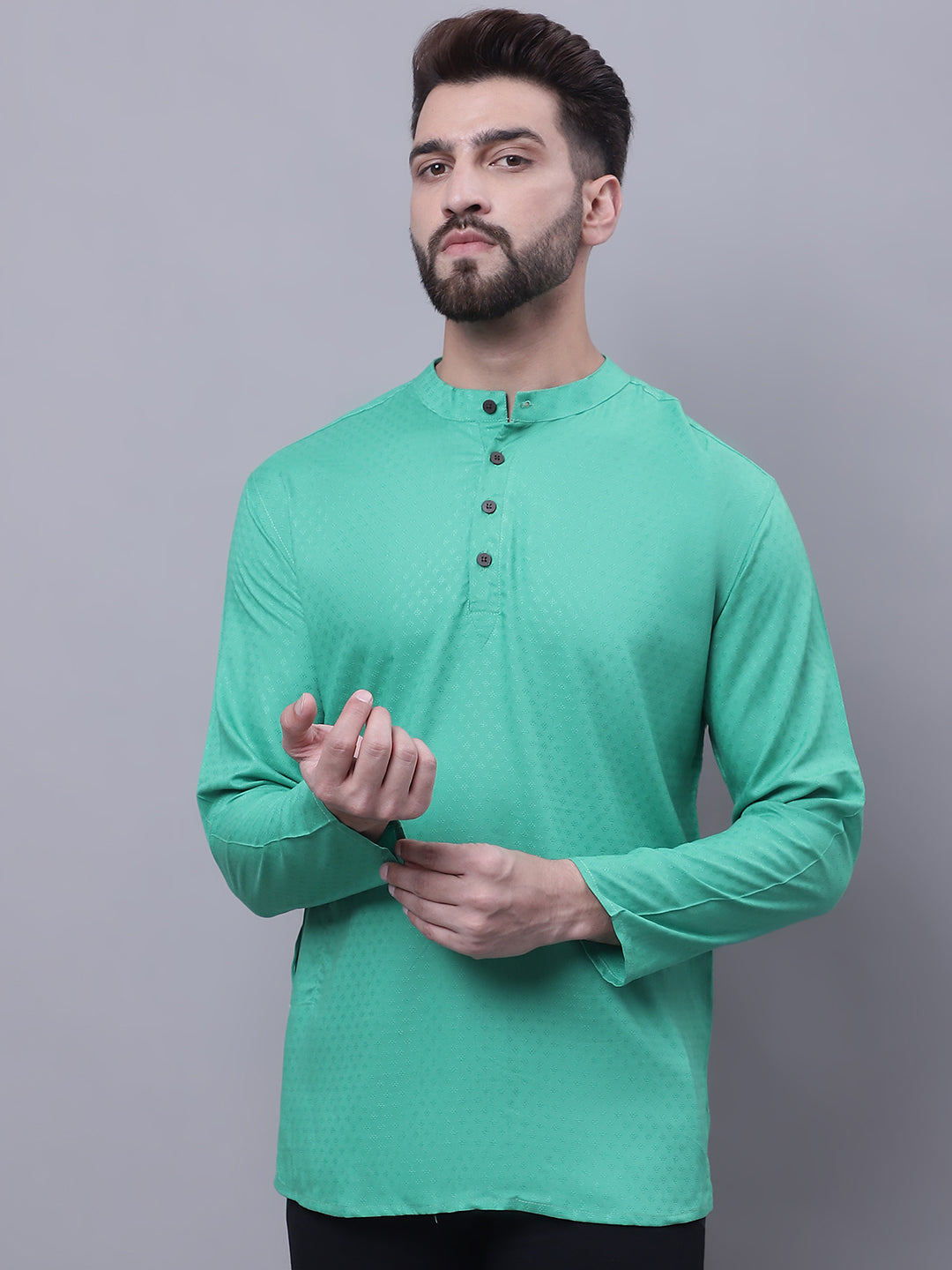 Even Apparels Green Pure Cotton Short Kurta With Band Collar