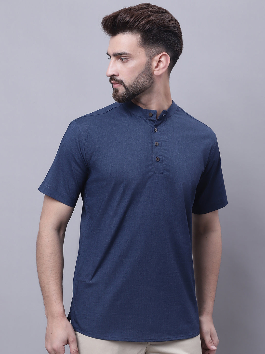 Even Apparels Blue Pure Cotton Short Kurta With Band Collar