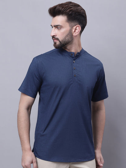 Even Apparels Blue Pure Cotton Short Kurta With Band Collar