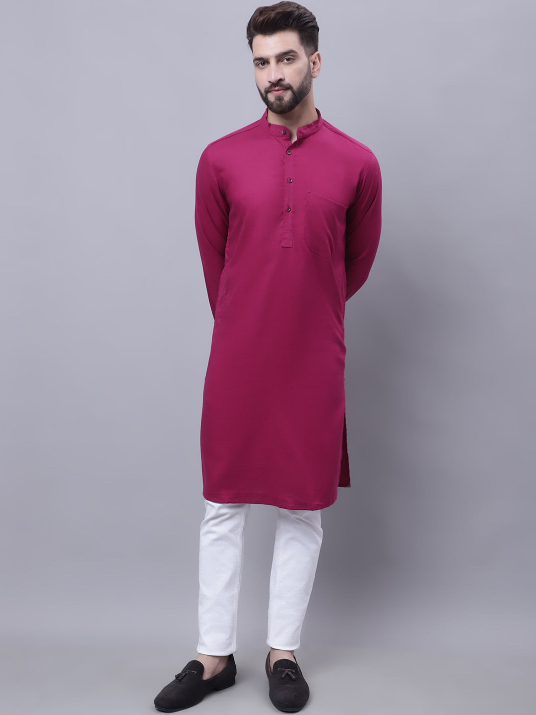 Even Apparels Wine Pure Cotton Kurta With Band Collar