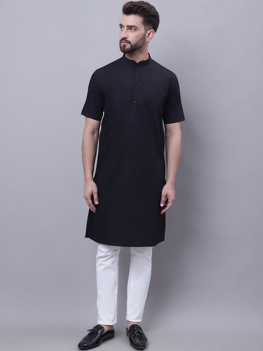 Even Apparels Black Pure Cotton Short Sleeves Kurta With Band Collar