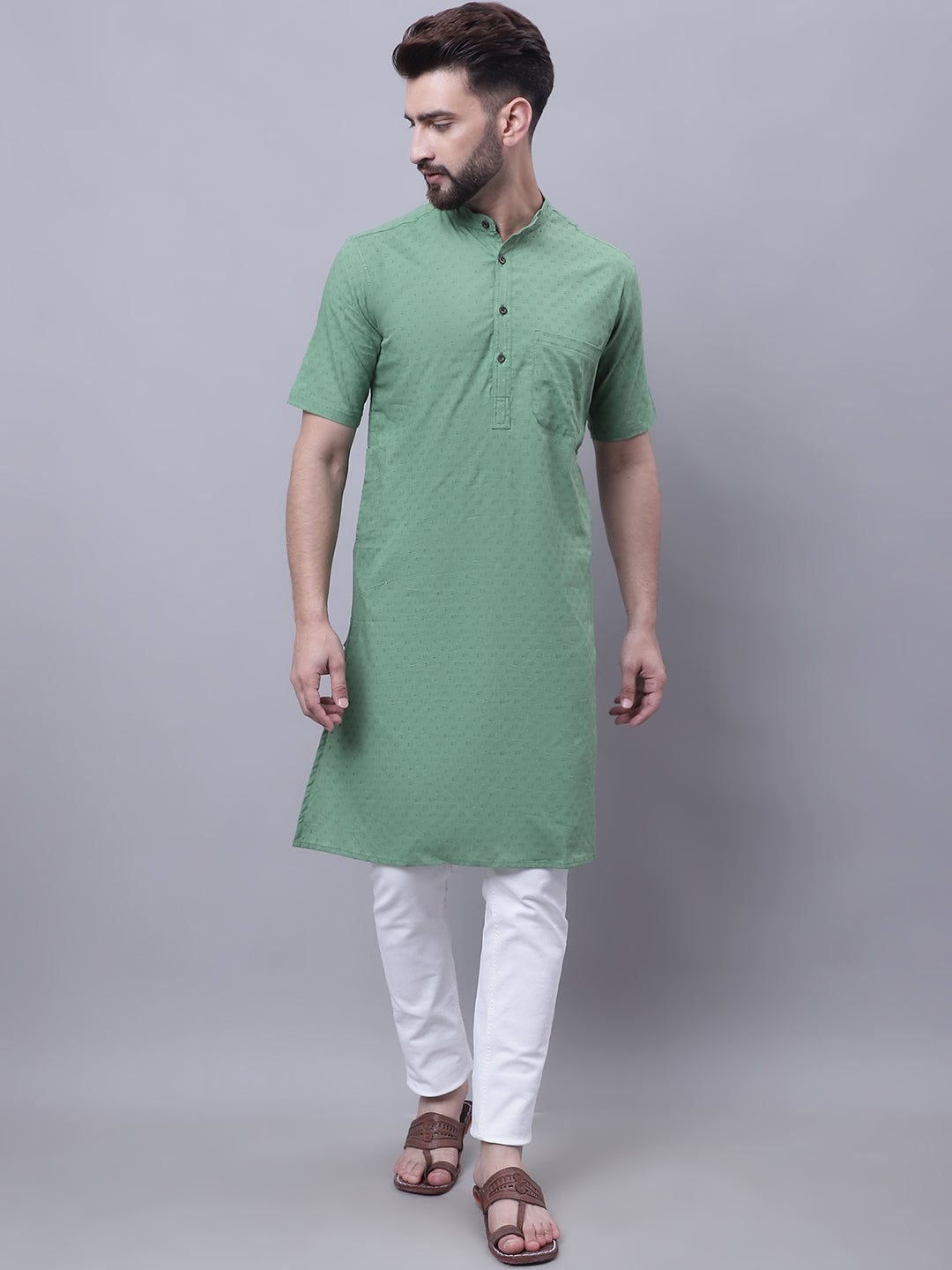 Even Apparels Green Pure Cotton Short Sleeves Kurta With Band Collar