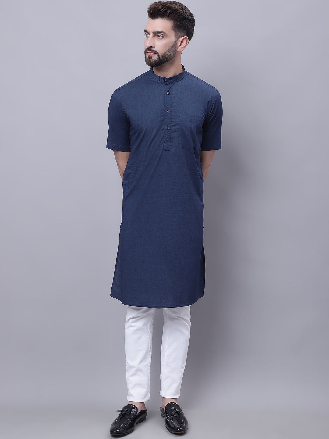 Even Apparels Blue Pure Cotton Short Sleeves Kurta With Band Collar