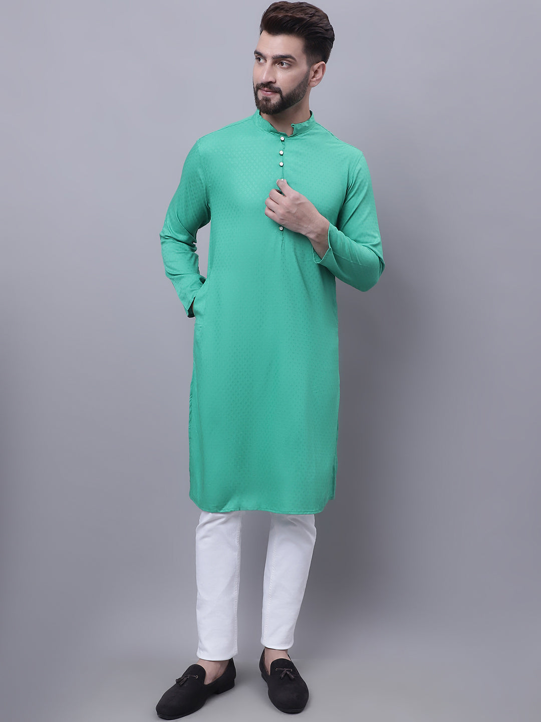 Even Apparels Green Kurta With Band Collar