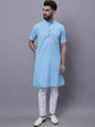 Even Apparels Blue Pure Cotton Short Sleeves Kurta With Band Collar