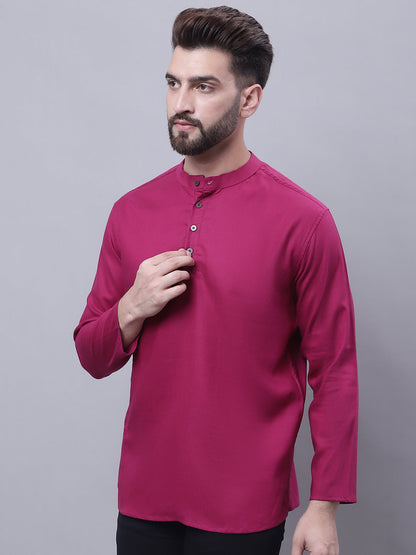 Even Apparels Wine Pure Cotton Short Kurta With Band Collar