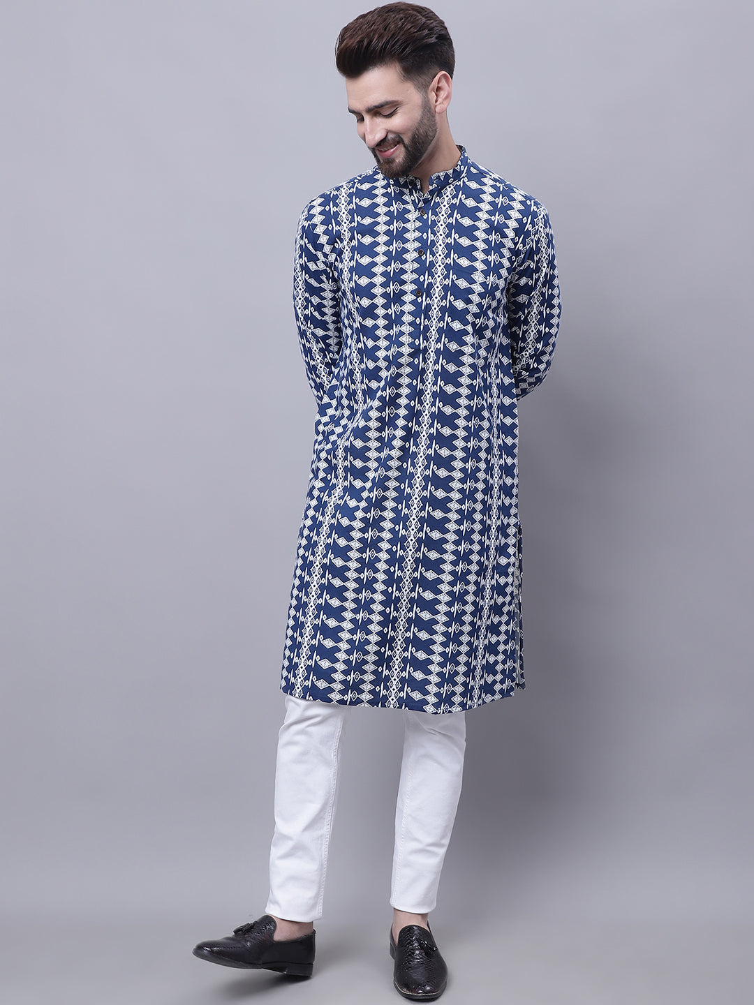 Even Apparels Blue Pure Cotton Kurta With Band Collar