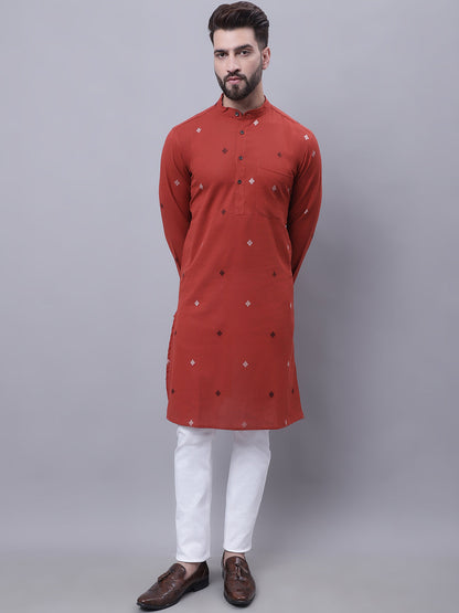 Even Apparels Rust Pure Cotton Kurta With Band Collar