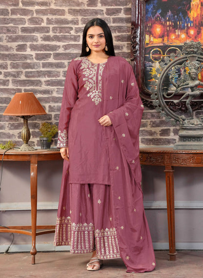 Yash Enterprise Floral Embroidered Chinon Silk Pink Readymade Salwar Suit