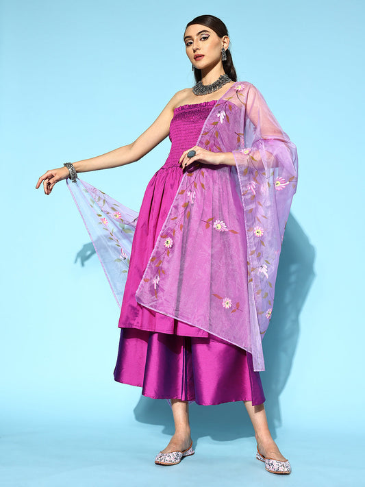 InWeave Purple Off Shoulder Silk Kurta Set -Mauve Hand Painted Dupatta