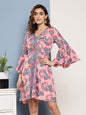 InWeave Women's Pink Floral Blue Bell Sleeve Dress