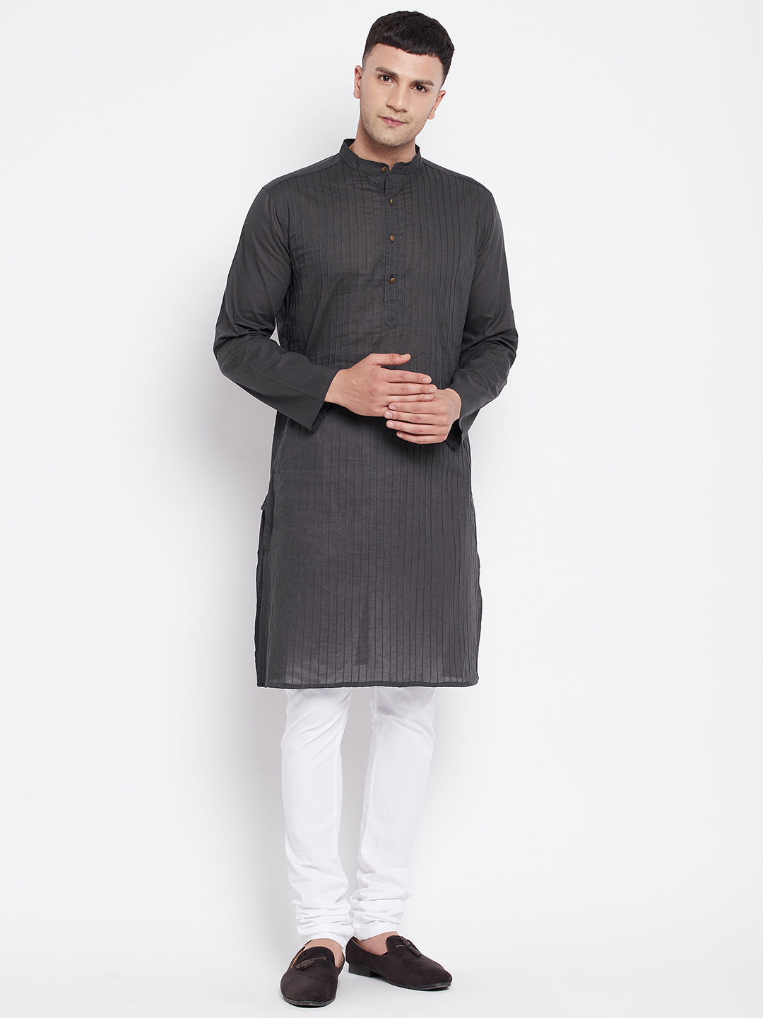 Even Apparels Grey Pure Cotton Kurta With Band Collar