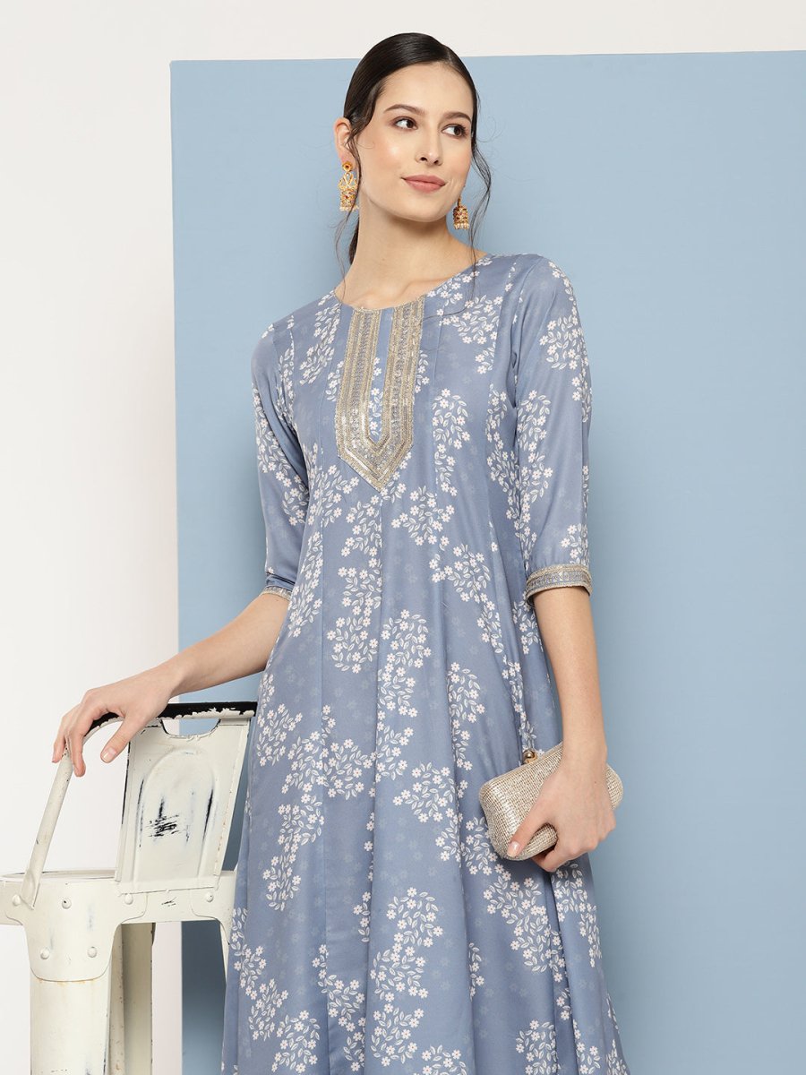 Ahalyaa Floral Printed Midi A-Line Ethnic Dress