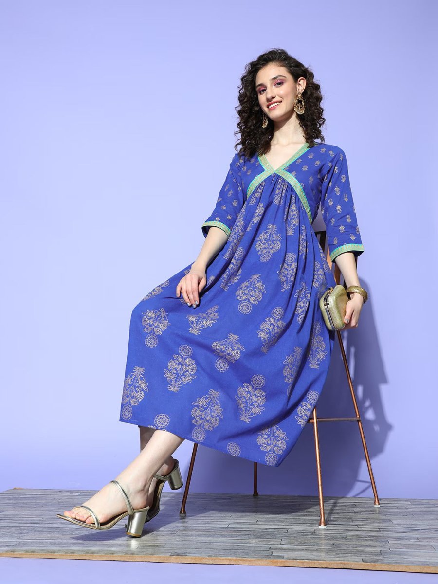 Ahalyaa Blue Floral Print Midi Empire Ethnic Dress